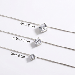 Three silver-toned chain necklaces with single clear gemstones are shown on a white background, each labeled with size and carat information: 8mm 2.0ct, 6. - Fashlot
