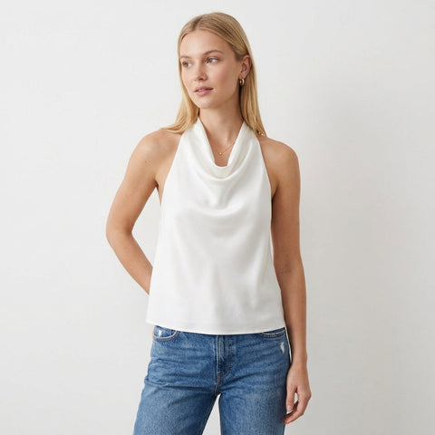 woman wearing white satin cowl neck halter top - Fashlot