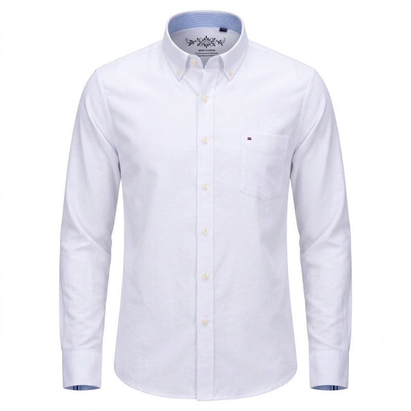 A white long-sleeve button-down shirt with a classic collar, a single chest pocket, and a small embroidered logo on the pocket, shown on a plain white background. - Fashlot
