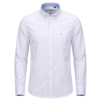A white long-sleeve button-down shirt with a classic collar, a single chest pocket, and a small embroidered logo on the pocket, shown on a plain white background. - Fashlot
