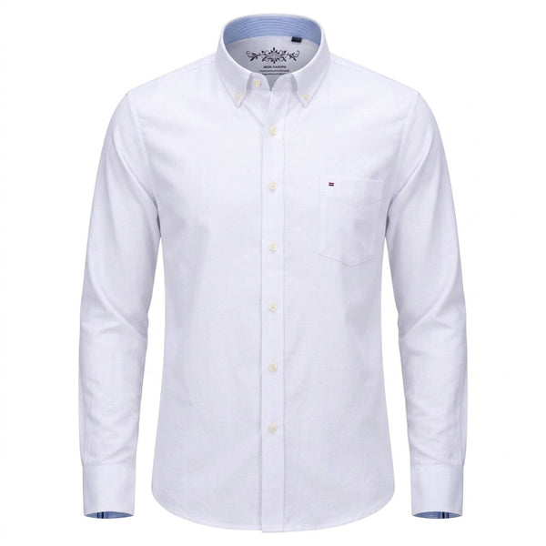 A white long-sleeve button-down shirt with a classic collar, a single chest pocket, and a small embroidered logo on the pocket, shown on a plain white background. - Fashlot
