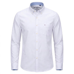 A white long-sleeve button-down shirt with a classic collar, a single chest pocket, and a small embroidered logo on the pocket, shown on a plain white background. - Fashlot