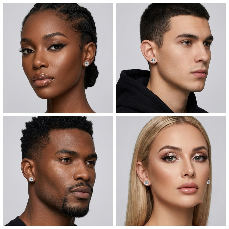 A 2x2 collage showing four models wearing small stud earrings against a light gray background. The top-left model has dark skin and braided hair, the top-right has short dark hair and wears a black hoodie, the bottom-left has dark skin and a short beard, and the bottom-right has long blonde hair. - Fashlot