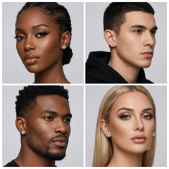 A 2x2 collage showing four models wearing small stud earrings against a light gray background. The top-left model has dark skin and braided hair, the top-right has short dark hair and wears a black hoodie, the bottom-left has dark skin and a short beard, and the bottom-right has long blonde hair. - Fashlot