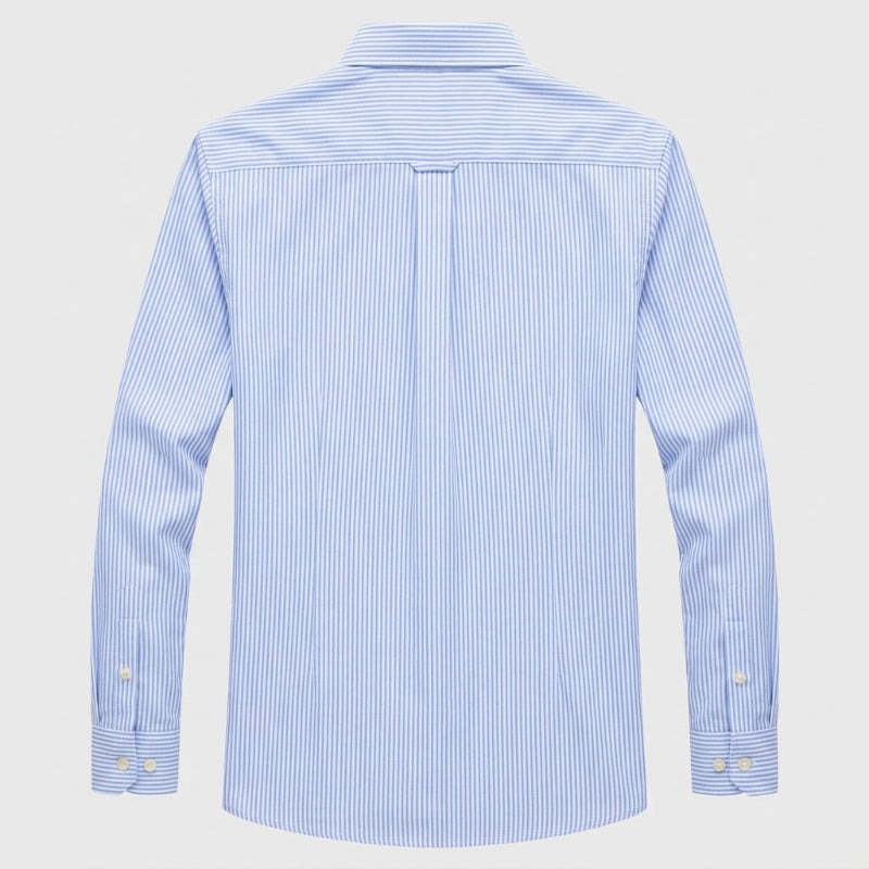 A light blue and white vertically striped long-sleeve button-down shirt, shown from the back on a light gray background. - Fashlot 