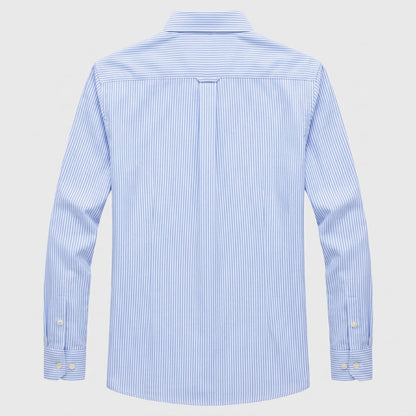 A light blue and white vertically striped long-sleeve button-down shirt, shown from the back on a light gray background. - Fashlot 