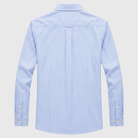 A light blue and white vertically striped long-sleeve button-down shirt, shown from the back on a light gray background. - Fashlot 