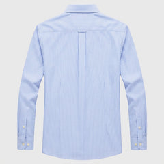 A light blue and white vertically striped long-sleeve button-down shirt, shown from the back on a light gray background. - Fashlot 