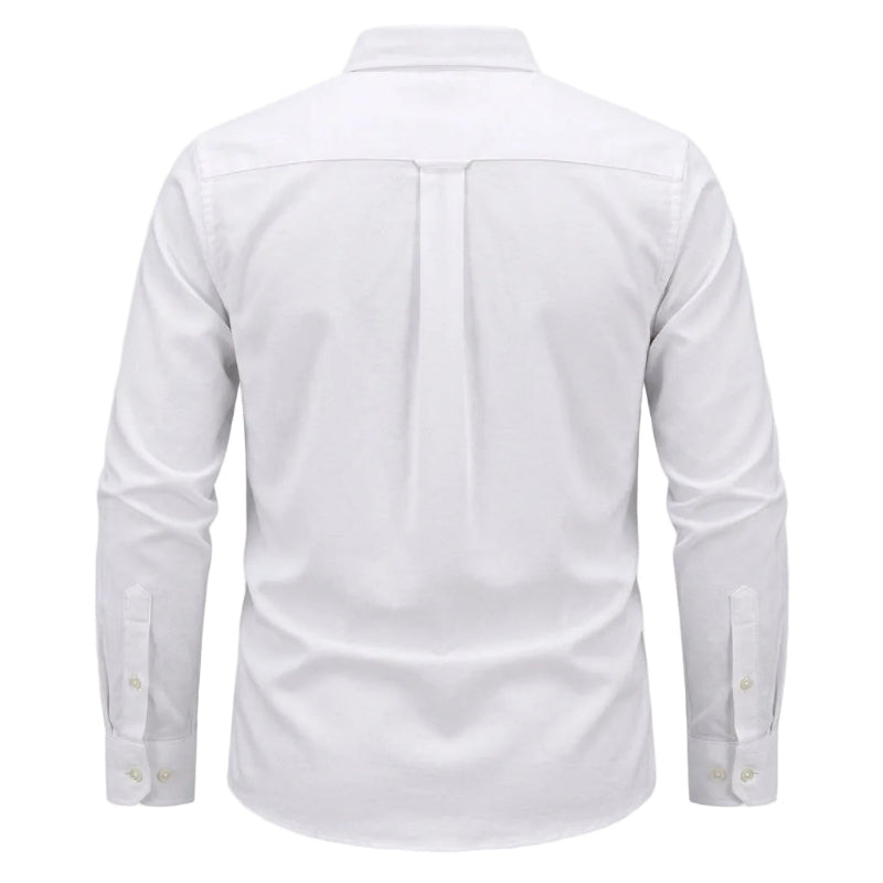 White long-sleeve button-up shirt shown from the back, featuring a vertical center pleat and buttoned cuffs, displayed on a neutral light gray background. - Fashlot 