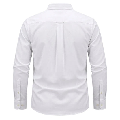 White long-sleeve button-up shirt shown from the back, featuring a vertical center pleat and buttoned cuffs, displayed on a neutral light gray background. - Fashlot 