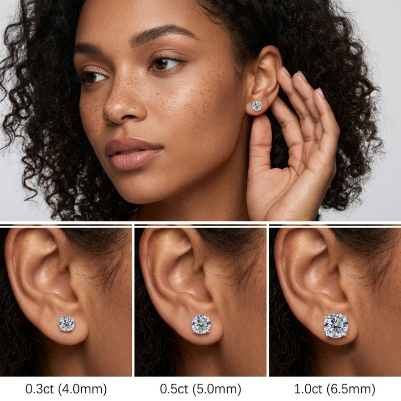 A collage showing a woman wearing a small round stud earring, with three close-up ear views below labeled by carat size: 0.3ct (4. - Fashlot