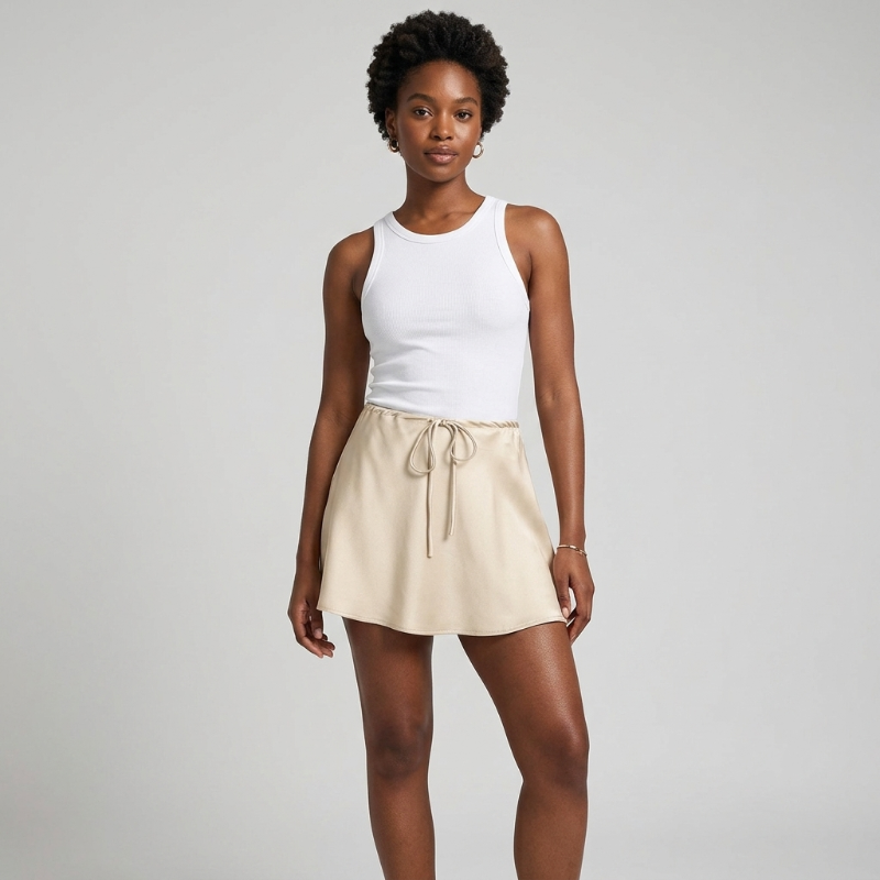 A black woman modeling a sleeveless white ribbed tank top paired with a cream-colored drawstring mini skirt, photographed against a solid light gray studio background. - Fashlot