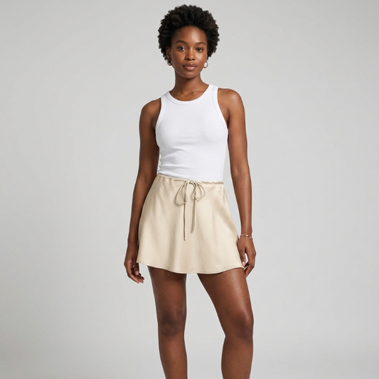 A black woman modeling a sleeveless white ribbed tank top paired with a cream-colored drawstring mini skirt, photographed against a solid light gray studio background. - Fashlot