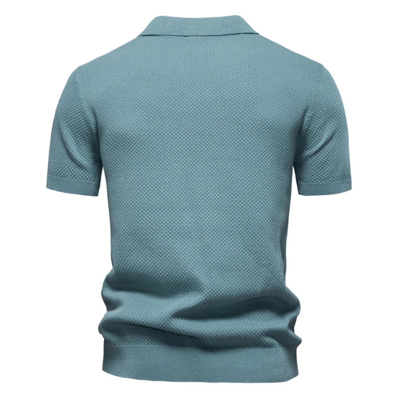 Back view of Blue textured polo shirt on a white background - Fashlot
