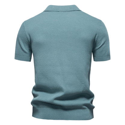 Back view of Blue textured polo shirt on a white background - Fashlot