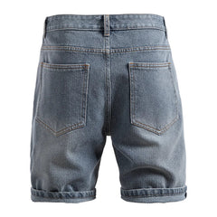 Back view of Blue denim shorts on a white background - Fashlot