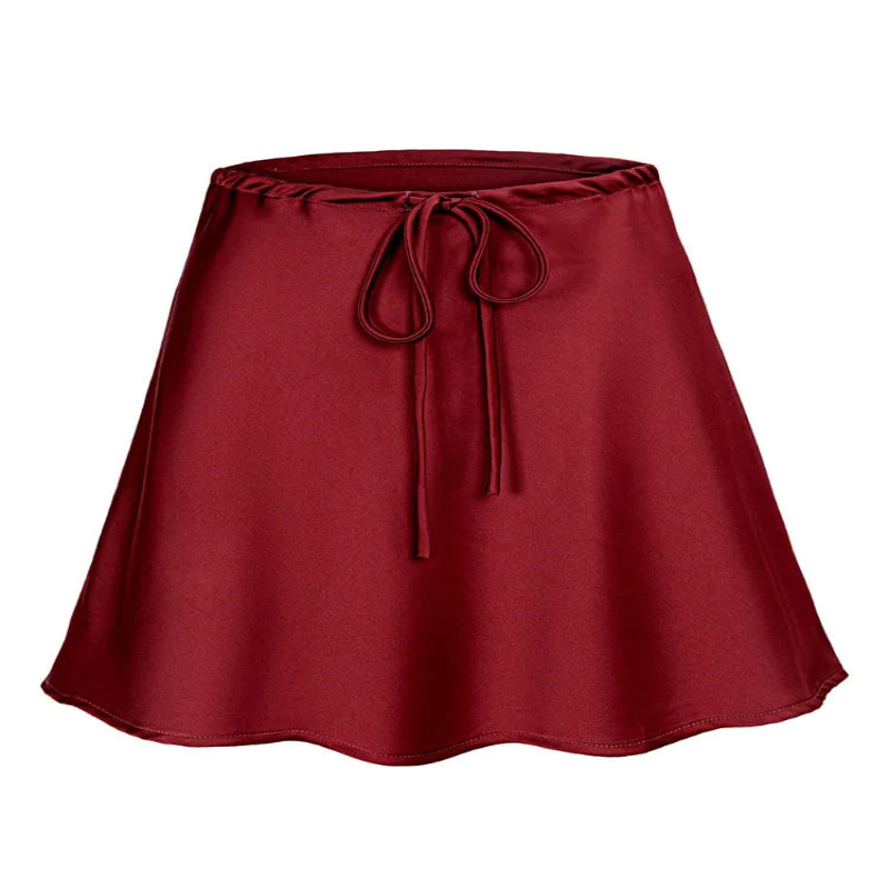 Red satin skirt with a tie waist on a white background - Fashlot
