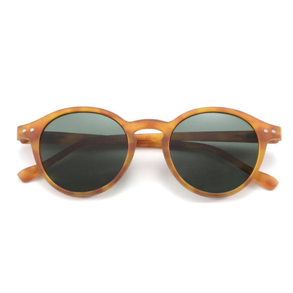 Round honey sunglasses with a translucent amber-brown acetate frame and dark green lenses, shown from the front on a white background. - Fashlot