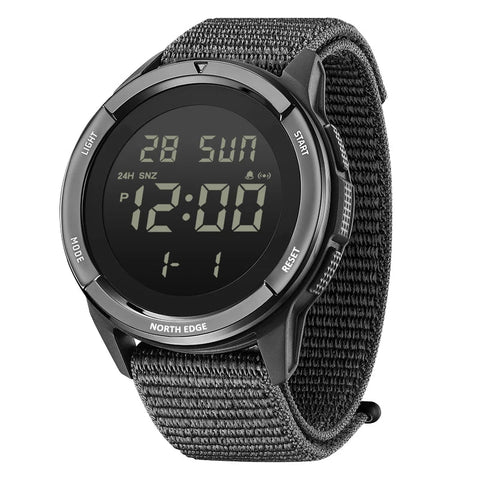 Digital watch with gray strap and black display on a white background - Fashlot