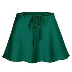 Green satin skirt with a tie waist on a white background