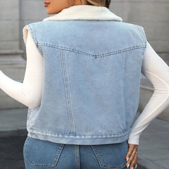 Vintage Women’s Spliced Denim Faux Lamb Fur Sleeveless Waistcoat Vest - Fashlot