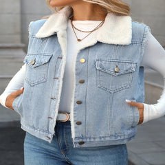 Vintage Women’s Spliced Denim Faux Lamb Fur Sleeveless Waistcoat Vest - Fashlot