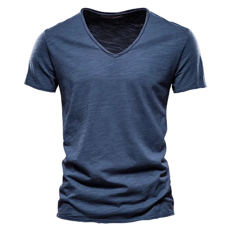 A men's short-sleeve V-neck t-shirt in a heathered dark blue color - Fashlot