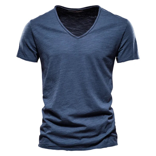 A men's short-sleeve V-neck t-shirt in a heathered dark blue color - Fashlot