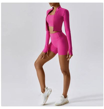 Women’s Magenta 3 Piece Tracksuit Shorts Set – Quick Dry, High Waist, Breathable Activewear - Fashlot