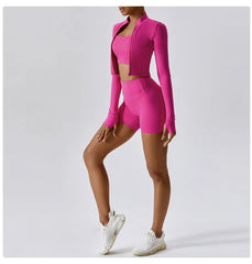 Women’s Magenta 3 Piece Tracksuit Shorts Set – Quick Dry, High Waist, Breathable Activewear - Fashlot