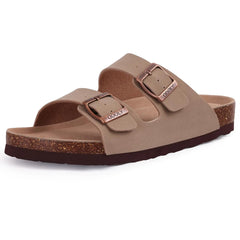 Unisex Leather Cork Footbed Slide Sandals with Adjustable Buckle – Summer Beach Comfort - Fashlot