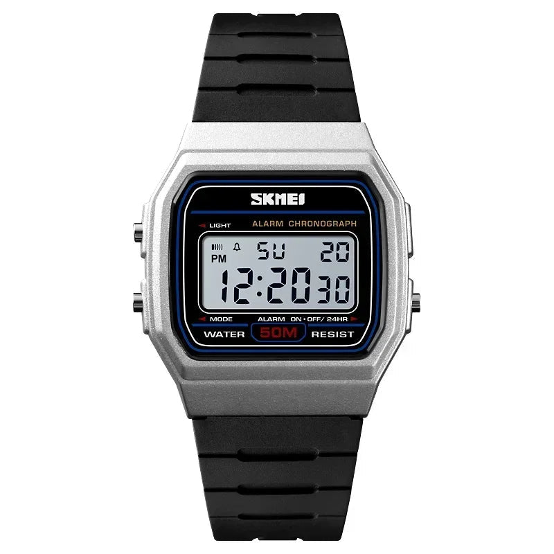 Digital watch with black strap and silver case on a white background - Fashlot