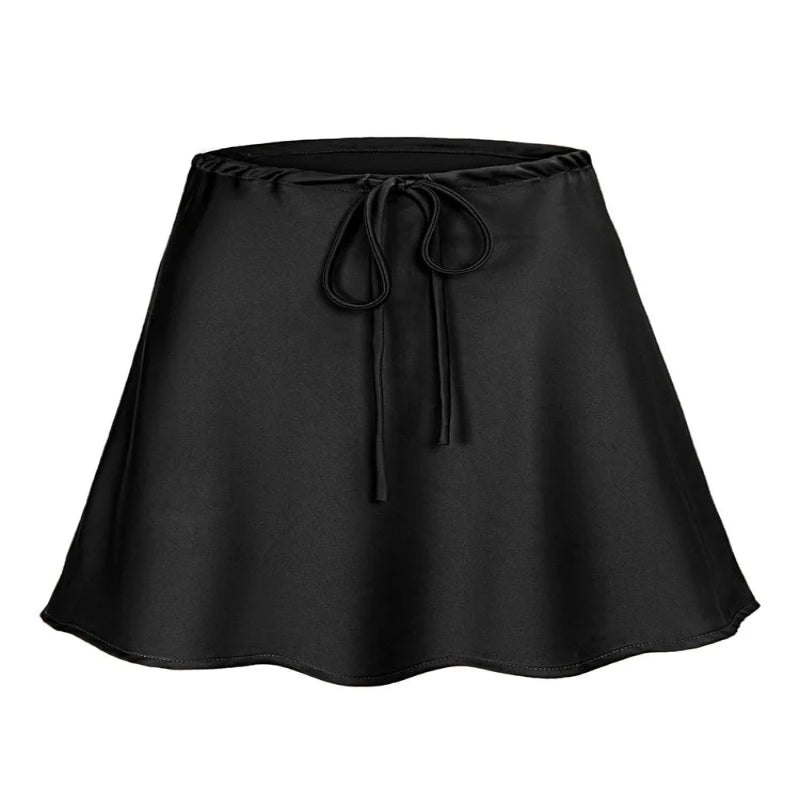 Black satin skirt with a tie waist on a white background - Fashlot