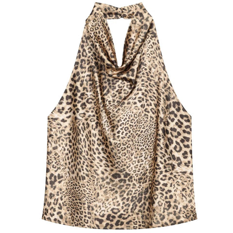 A leopard print halter top with a draped cowl neckline, against a solid white background. - Fashlot