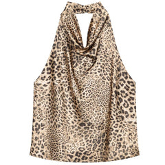 A leopard print halter top with a draped cowl neckline, against a solid white background. - Fashlot