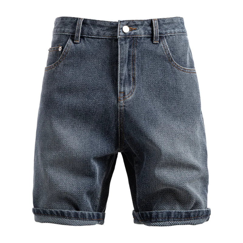 Blue denim shorts on a white background