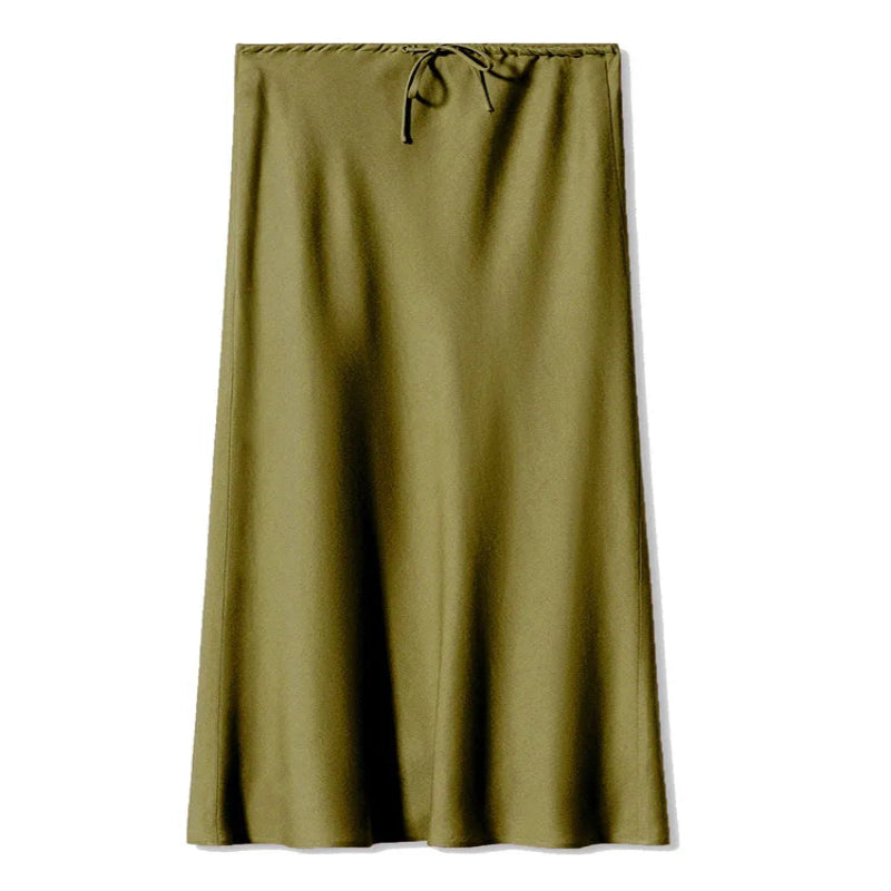 Long olive green skirt with drawstring waist on a white background - Fashlot