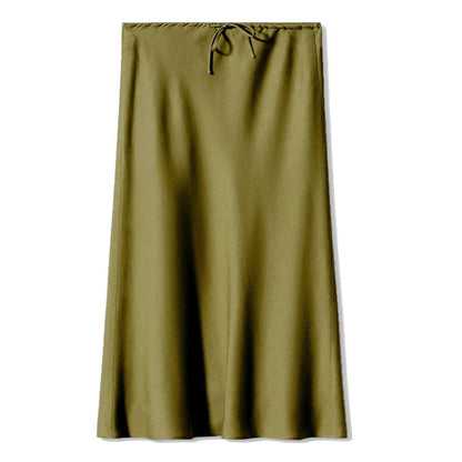 Long olive green skirt with drawstring waist on a white background - Fashlot
