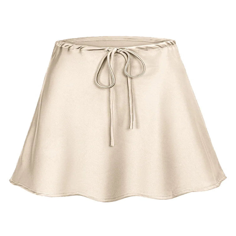 Beige satin skirt with a tie waist on a white background - Fashlot