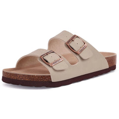Unisex Leather Cork Footbed Slide Sandals with Adjustable Buckle – Summer Beach Comfort - Fashlot
