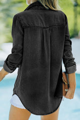 Pocketed Collared Neck Long Sleeve Denim Top for Women- Fashlot