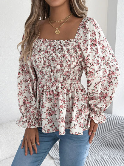Floral Square Neck Flounce Sleeve Blouse – Feminine Style, Breezy Comfort, Everyday Elegance - Fashlot