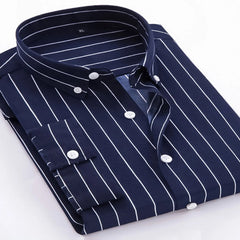 Men’s Plus Size Navy Blue Striped Button Up Long Sleeve Shirt – Classic Comfort & Timeless Style - Fashlot