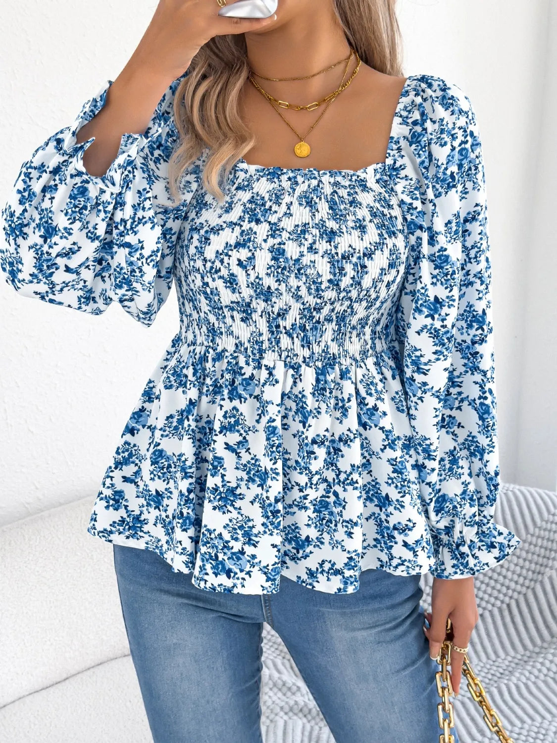 Floral Square Neck Flounce Sleeve Blouse – Feminine Style, Breezy Comfort, Everyday Elegance - Fashlot