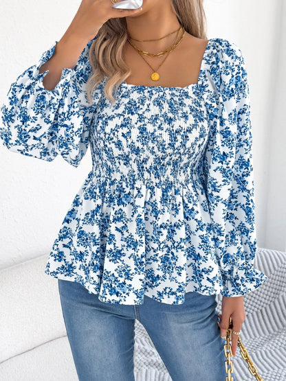 Floral Square Neck Flounce Sleeve Blouse – Feminine Style, Breezy Comfort, Everyday Elegance - Fashlot