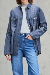 Pocketed Collared Neck Long Sleeve Denim Top for Women- Fashlot