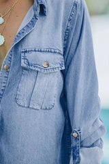 Pocketed Collared Neck Long Sleeve Denim Top for Women- Fashlot