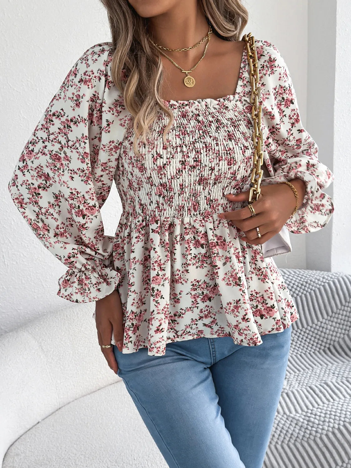 Floral Square Neck Flounce Sleeve Blouse – Feminine Style, Breezy Comfort, Everyday Elegance - Fashlot