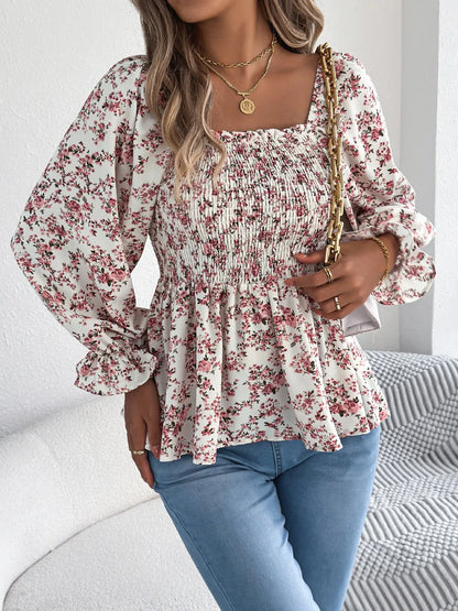 Floral Square Neck Flounce Sleeve Blouse – Feminine Style, Breezy Comfort, Everyday Elegance - Fashlot