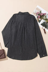 Pocketed Collared Neck Long Sleeve Denim Top for Women- Fashlot